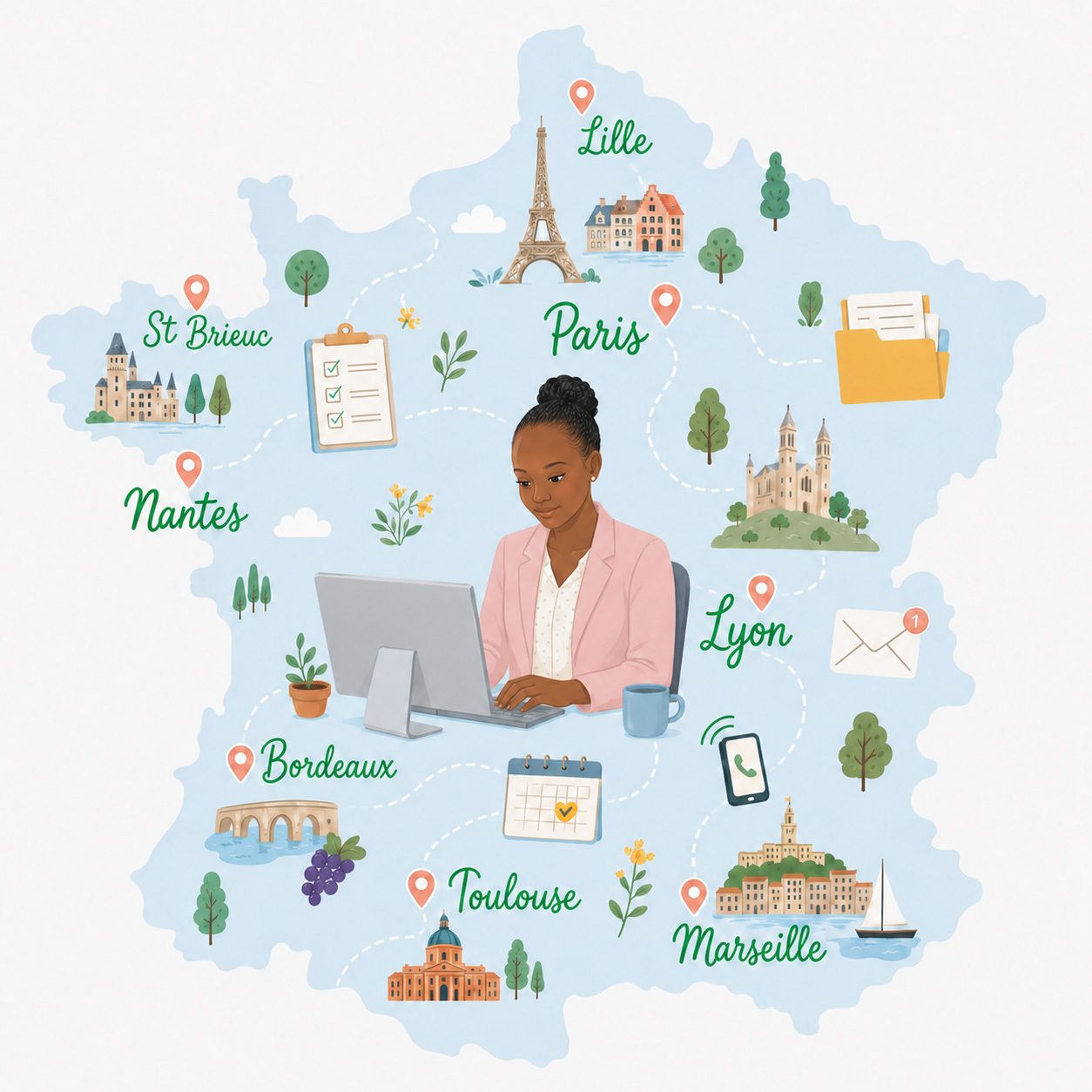 Assistante administrative à distance partout en France : Emilienne accompagne Saint-Brieuc, Nantes, Bordeaux, Toulouse, Marseille, Lyon, Paris, Lille et toute la France