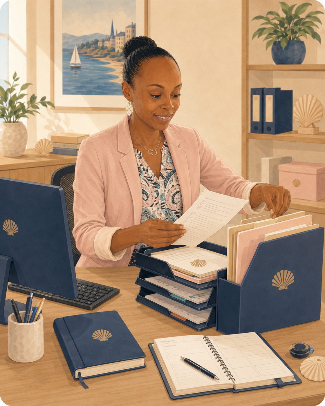 Emilienne, assistante administrative : courrier, classement, dossiers et suivi à distance