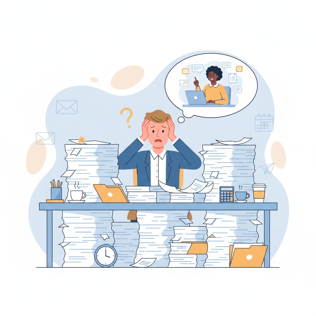 Entrepreneur débordé se demandant quand faire appel à une assistante administrative