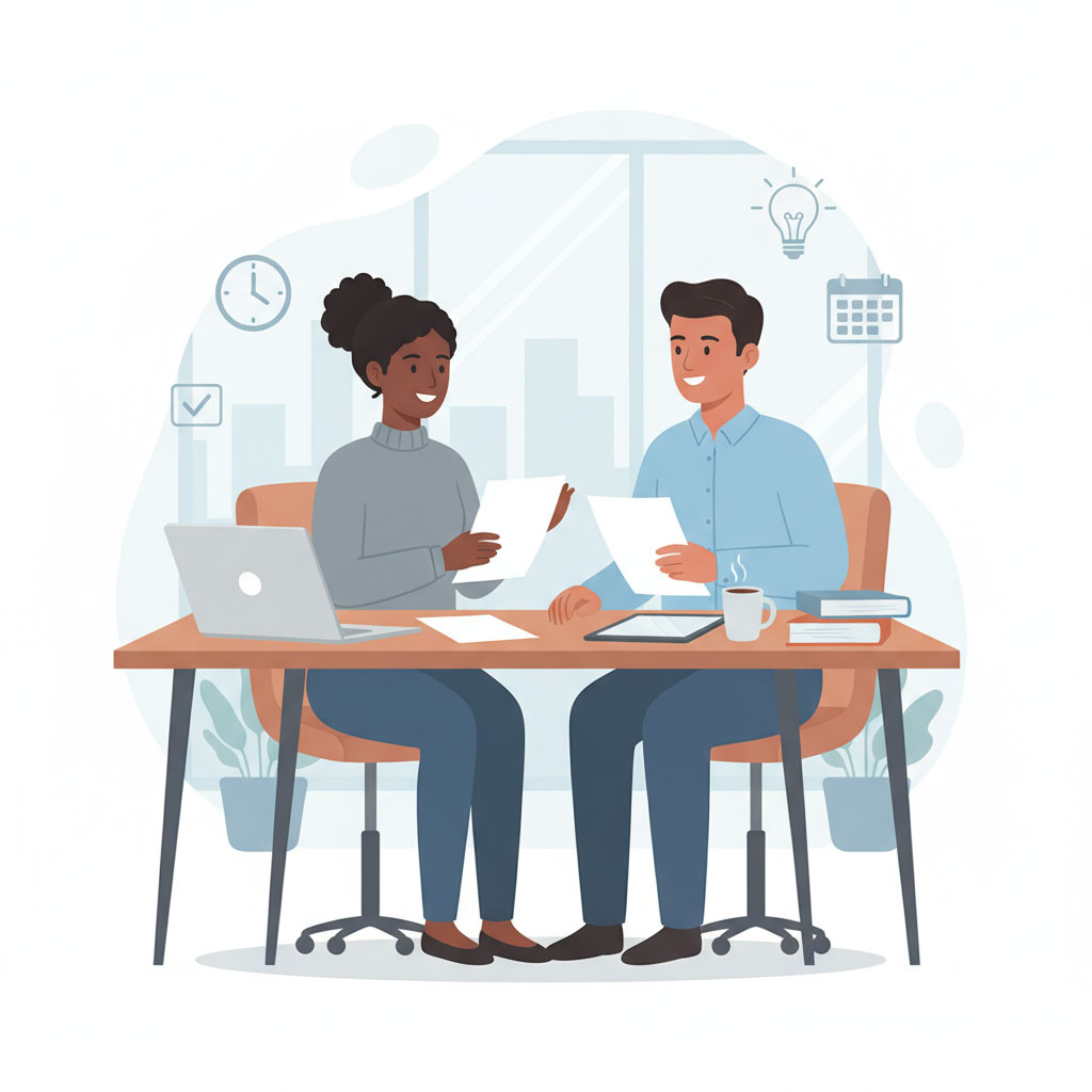 Assistante administrative accompagnant un client pour l'organisation