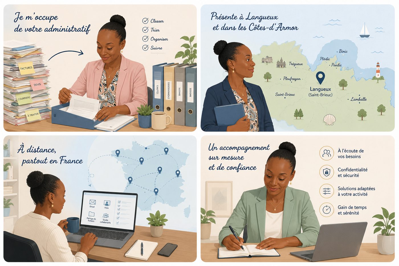 Comment je vous accompagne : je m'occupe de votre administratif (classer, trier, organiser, suivre), présente à Langueux et dans les Côtes-d'Armor, à distance partout en France, un accompagnement sur mesure, confidentiel et de confiance