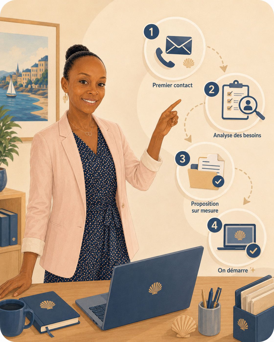 Les 4 étapes pour travailler avec Emilienne : premier contact, analyse des besoins, proposition sur mesure, puis on démarre